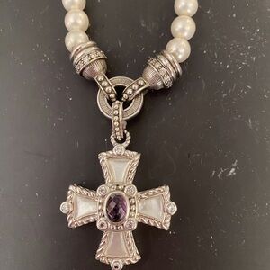 Judith Ripka Sterling Pearl Maltese Amethyst Cross
